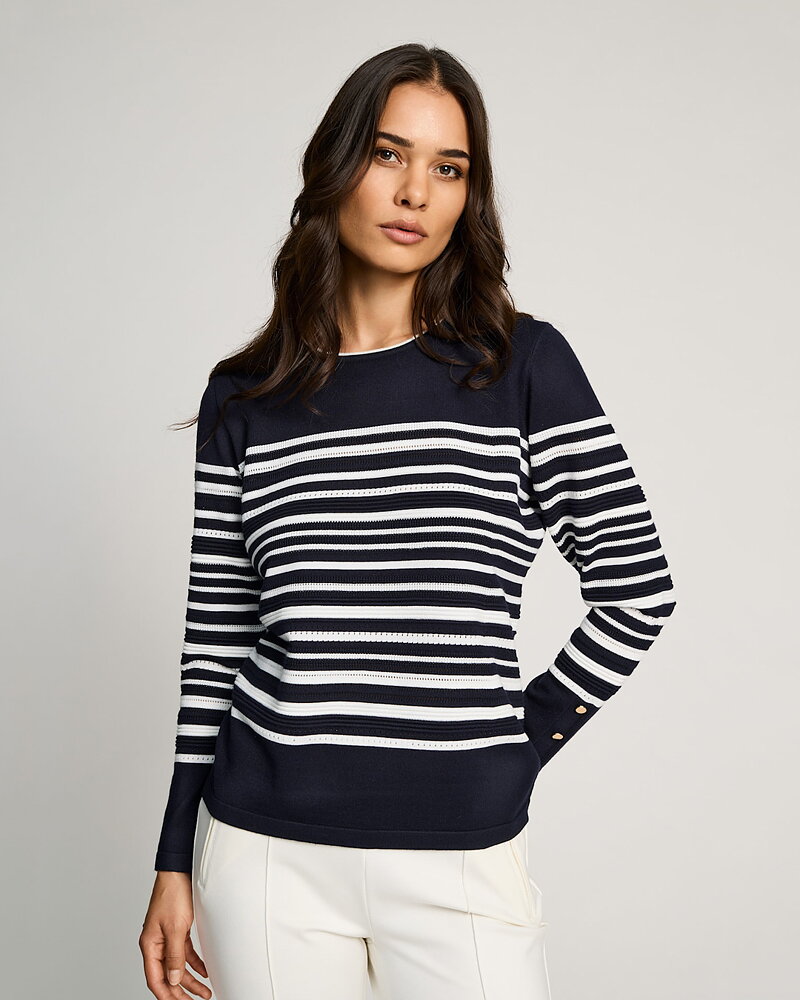 Jumper randig mönstrad stickning marinblå/vit