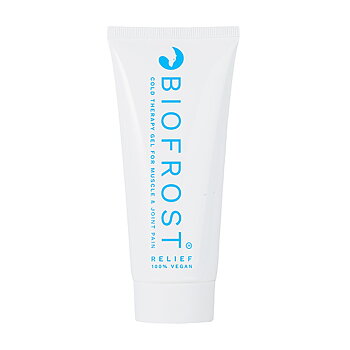 en vit stående plast-tub med blå text som säger biofrost relief