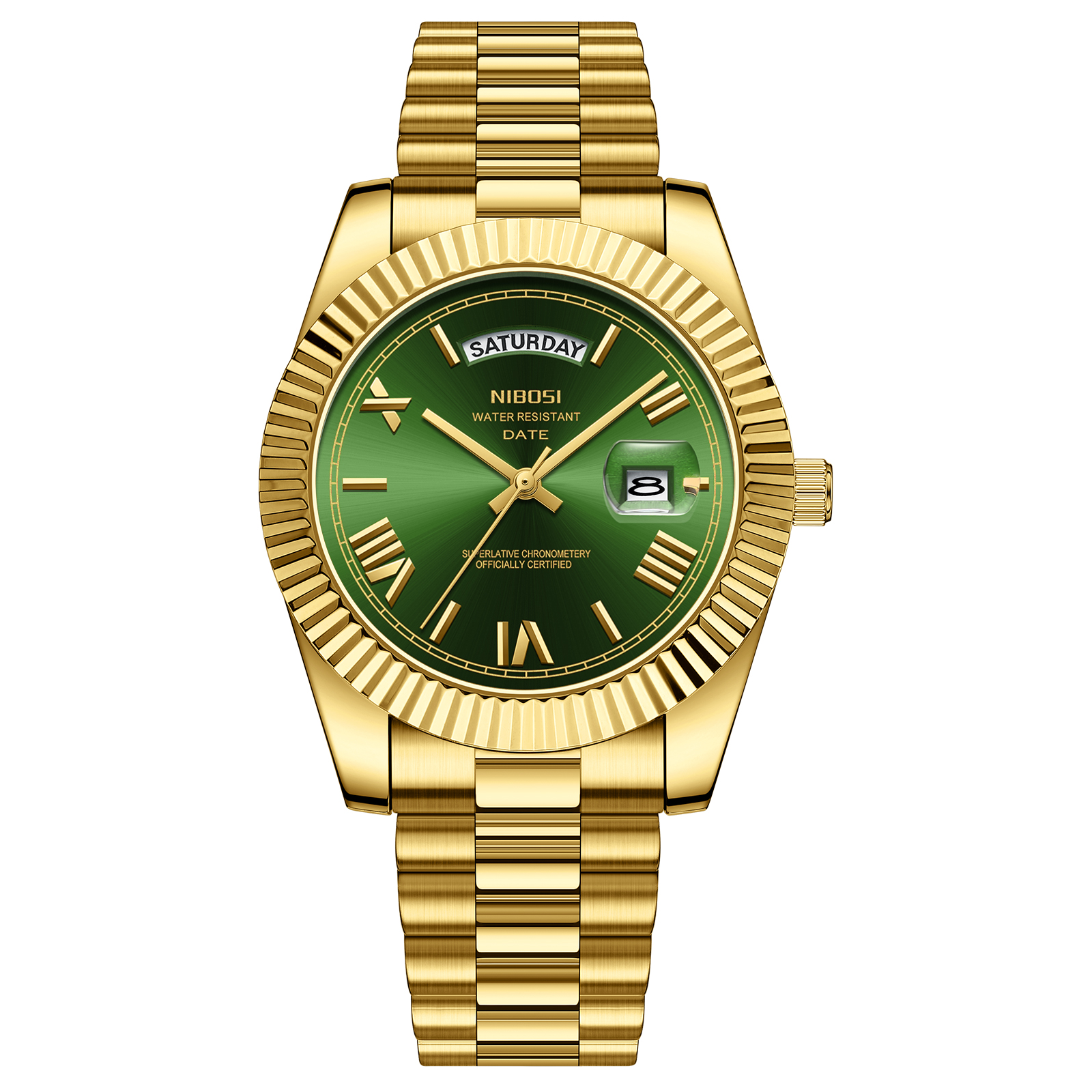 Nibosi Day-Date Roman Gold Green | Herrklockor | Klocktema