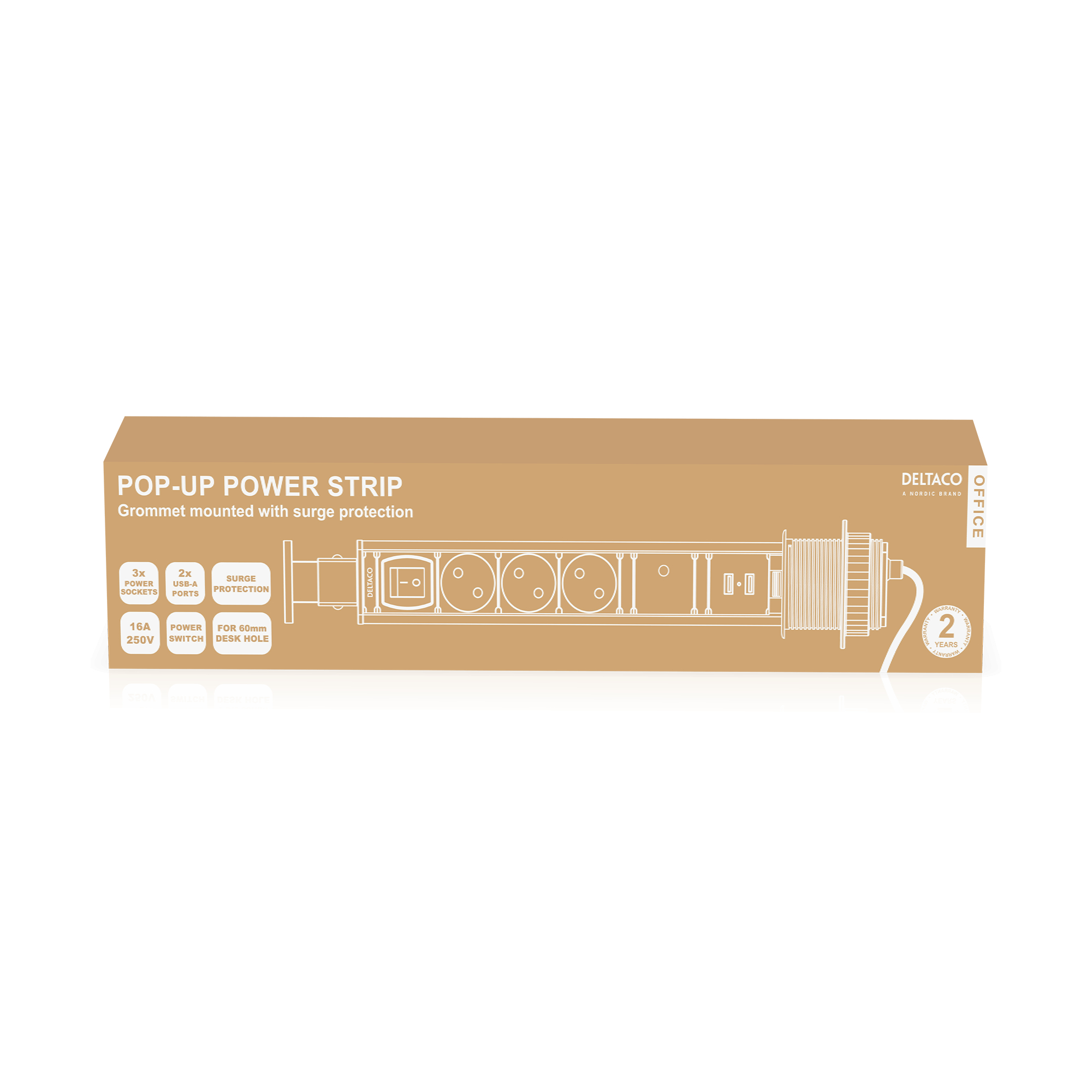 Deltaco Office Pop-up grenuttag för skrivbord/bord, 3x el-uttag, 2x USB - 4