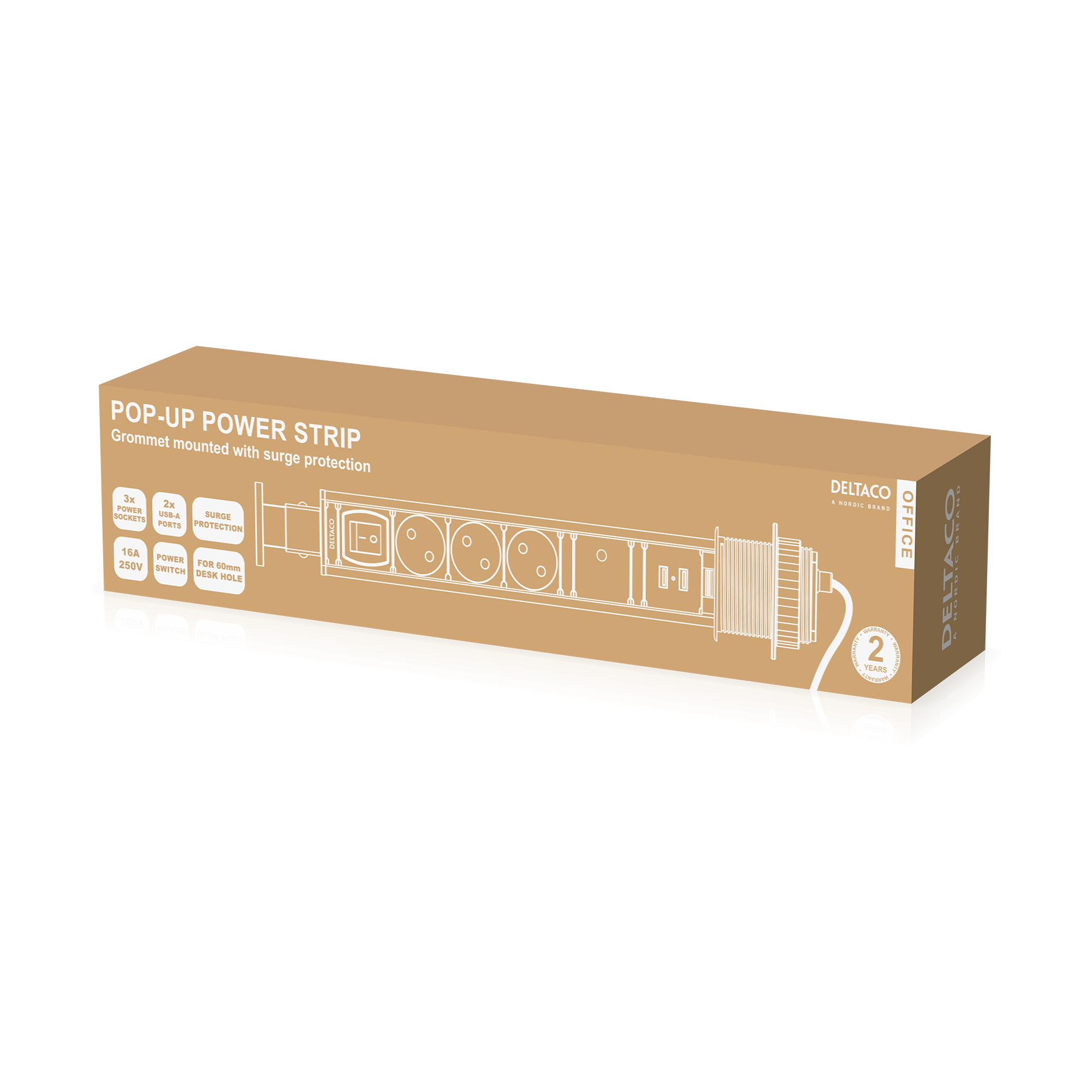Deltaco Office Pop-up grenuttag för skrivbord/bord, 3x el-uttag, 2x USB - 3