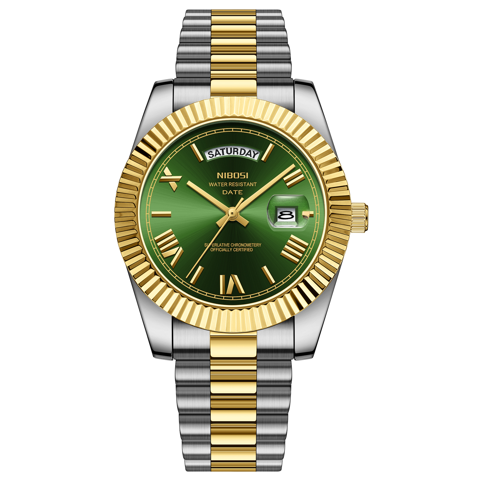 Nibosi Day-Date Roman Silver Gold Green | Herrklockor | Klocktema