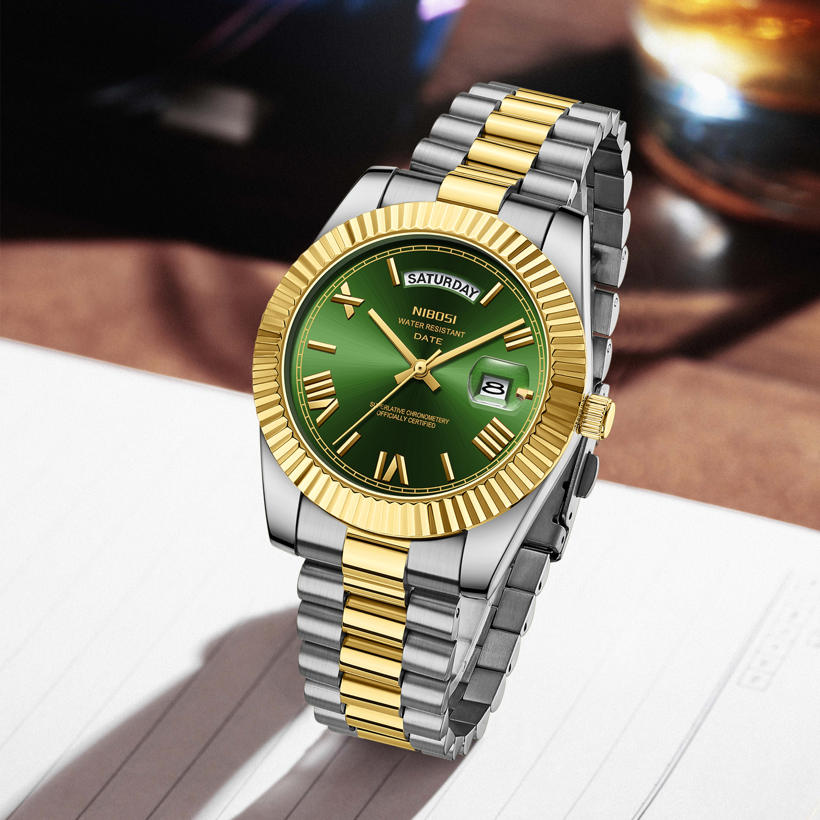 Nibosi Day-Date Roman Silver Gold Green - 8