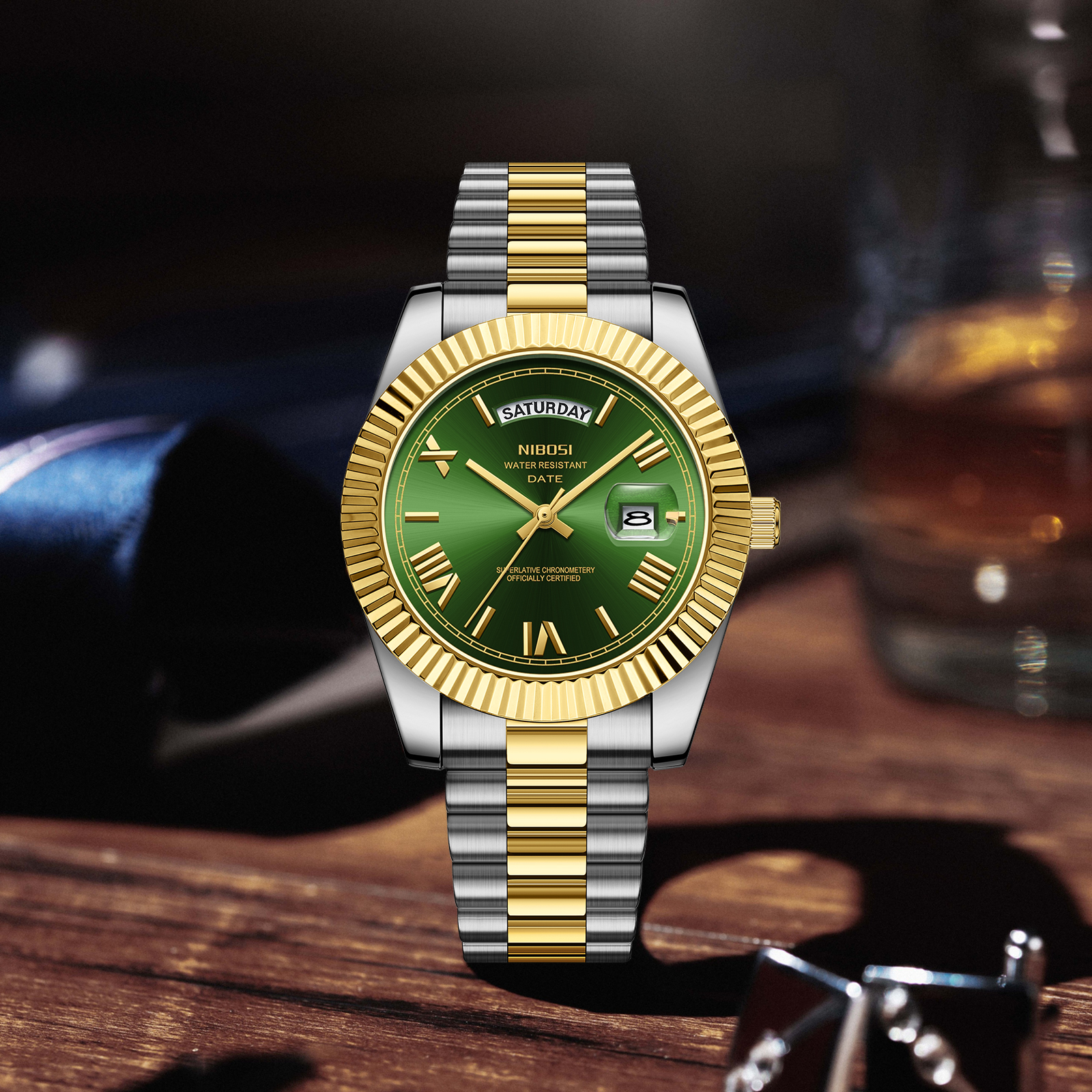 Nibosi Day-Date Roman Silver Gold Green - 7