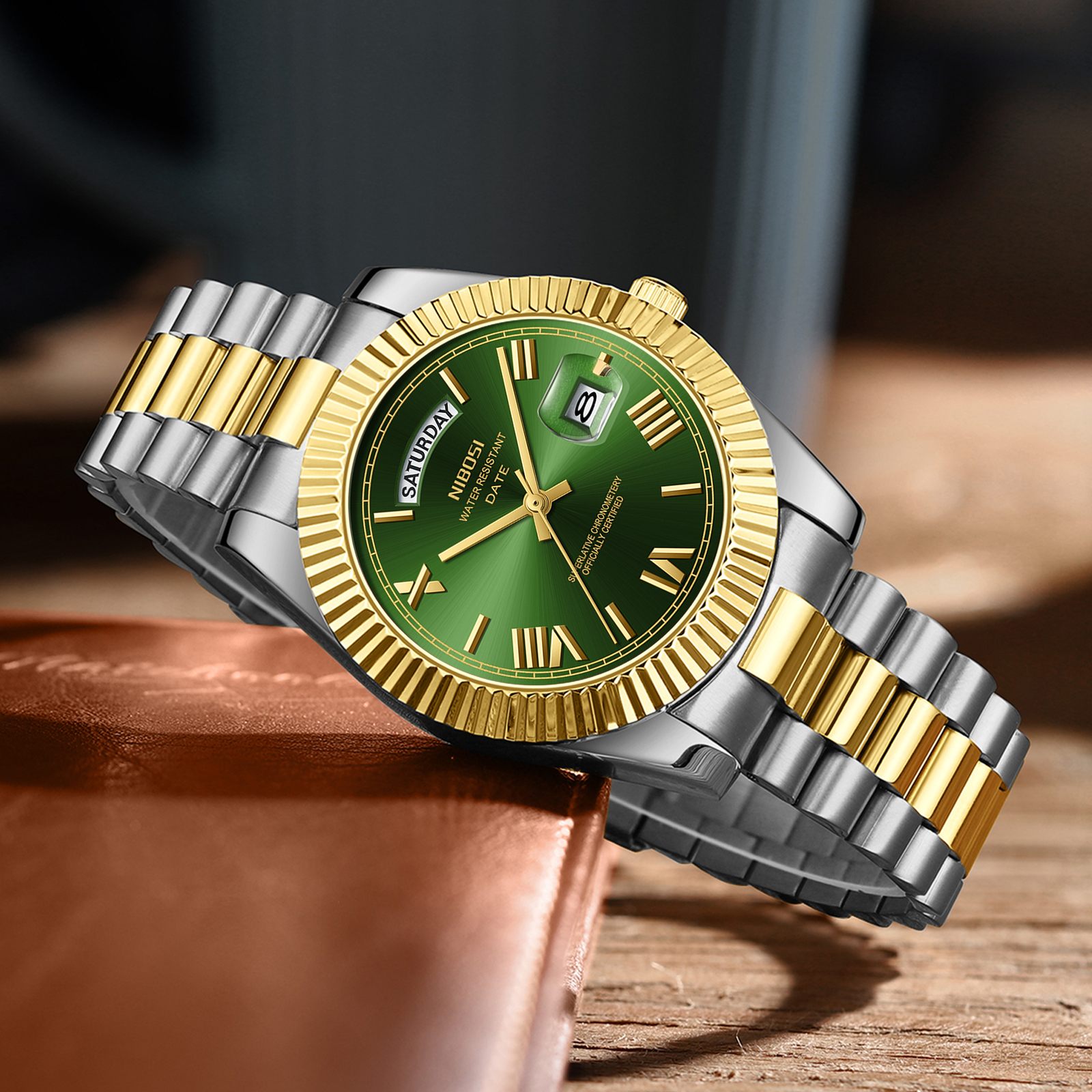 Nibosi Day-Date Roman Silver Gold Green - 5