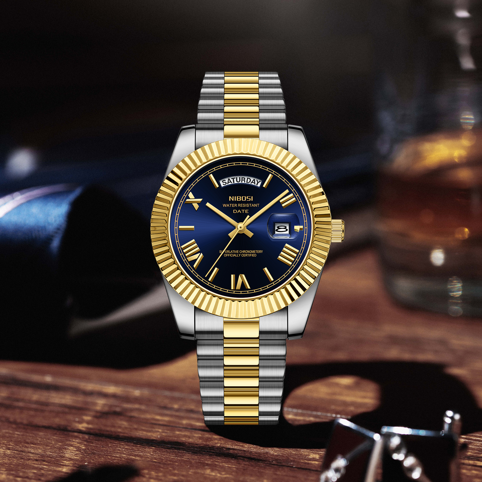 Nibosi Day-Date Roman Silver Gold Blue - 7