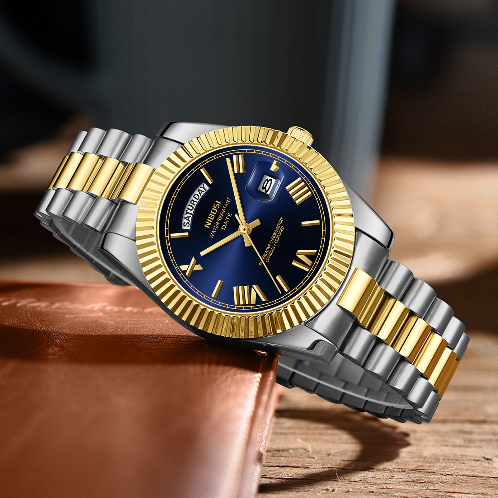 Nibosi Day-Date Roman Silver Gold Blue - 4