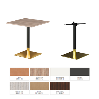 Restaurangbord Omega med fyrkantig laminerad bordsskiva och bordsstativ i svart och guld färgat stål för inomhusbruk