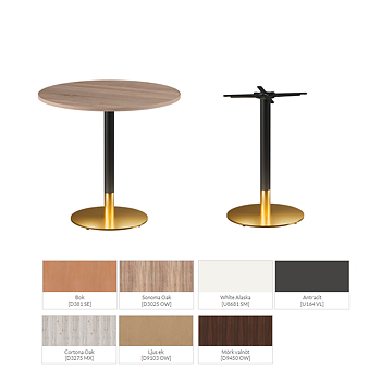 Restaurangbord Omega med rund laminerad bordsskiva och bordsstativ i svart och guld färgat stål för inomhusbruk