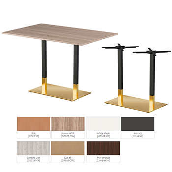 Restaurangbord Omega duo med rektangulär laminerad bordsskiva och bordsstativ i svart och guld färgat stål för inomhusbruk