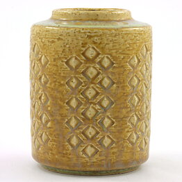 Per Linnemann-Schmidt (1960s) Yellow Cylinder Vase with Relief Decor C7 13 cm