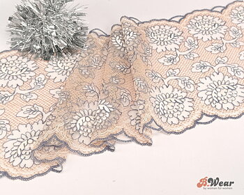 Gray with beige gold glitter non-stretch tulle lace - 21 cm