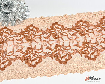 Chestnut colored non-stretch tulle lace with decorations in beige - 23 cm