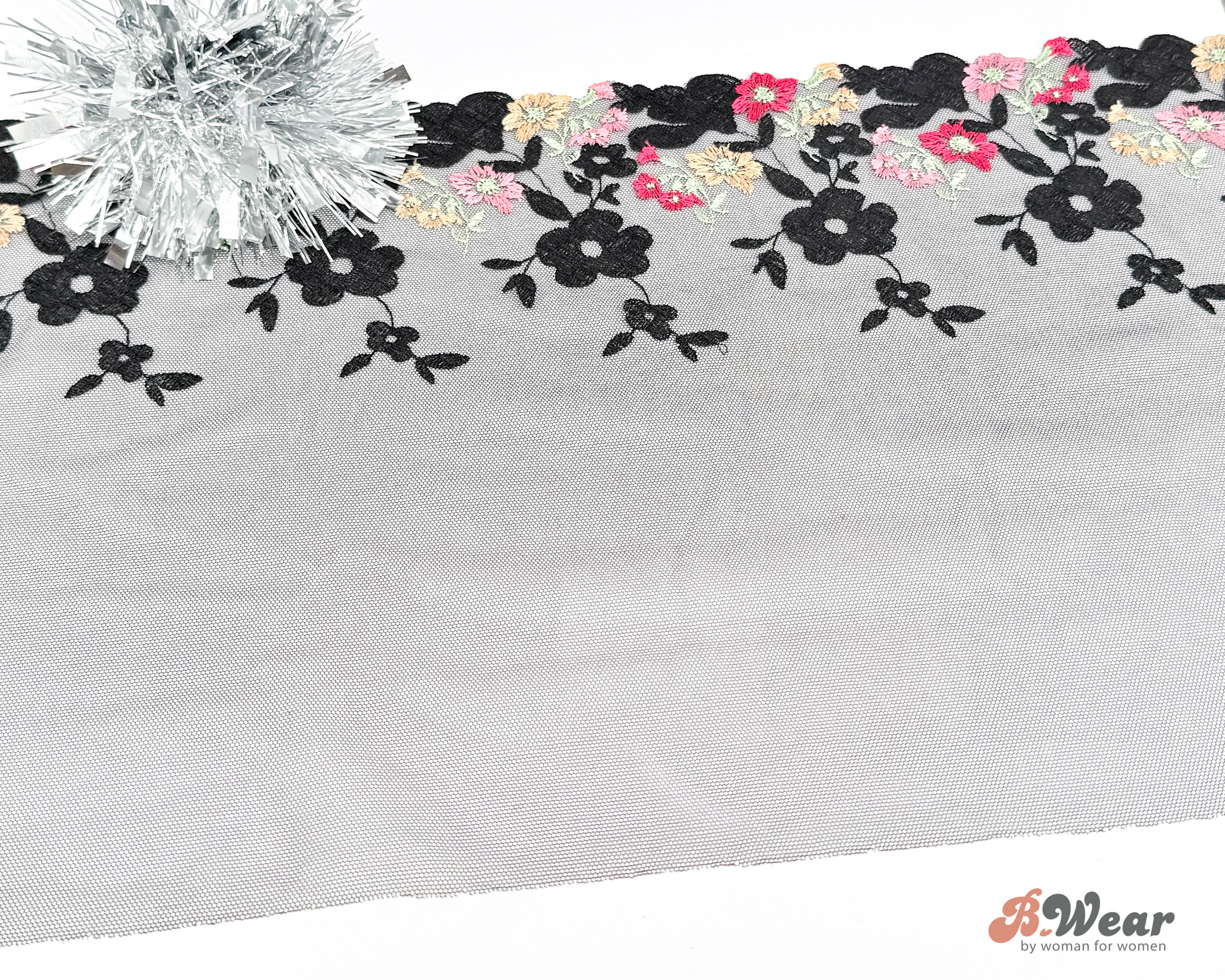 Black non-stretch tulle lace with flowers in pink and fuchsia - Left & right - 28 cm - 2