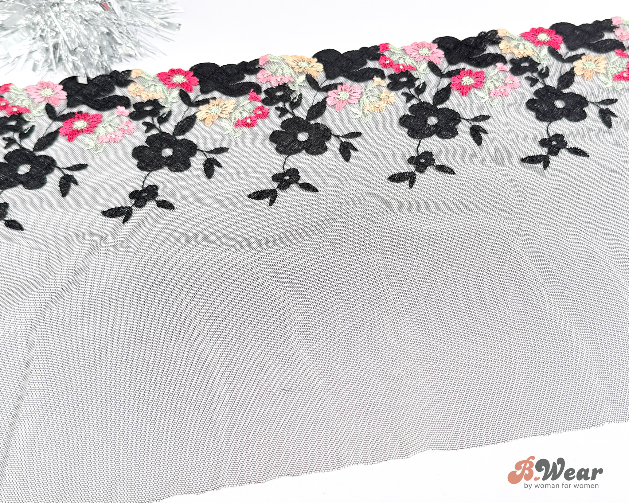 Black non-stretch tulle lace with flowers in pink and fuchsia - Left & right - 28 cm
