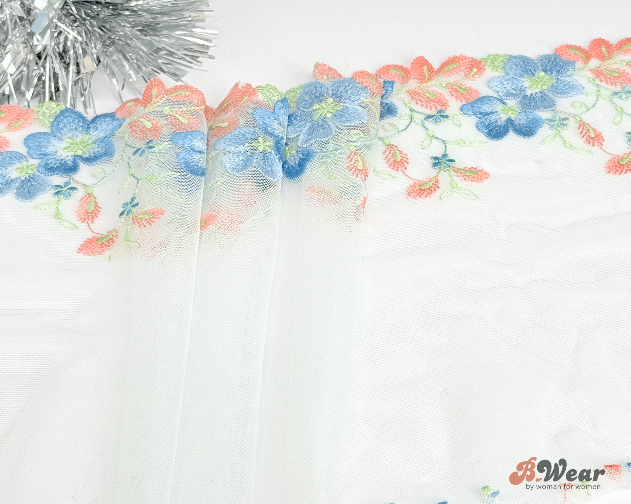 White tulle lace with beautiful blue and apricot flowers - right & left - 23 cm - 2