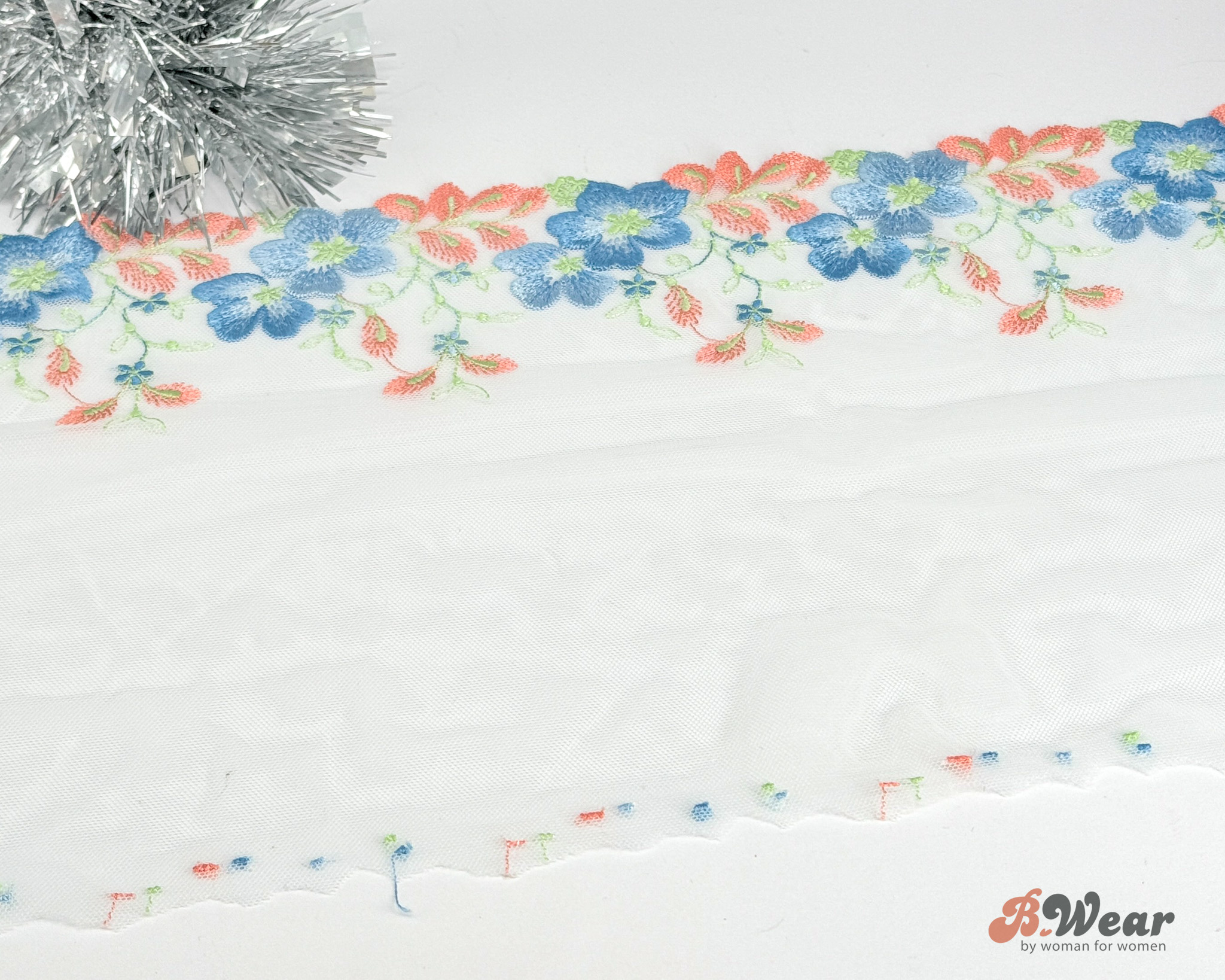 White tulle lace with beautiful blue and apricot flowers - right & left - 23 cm - 3