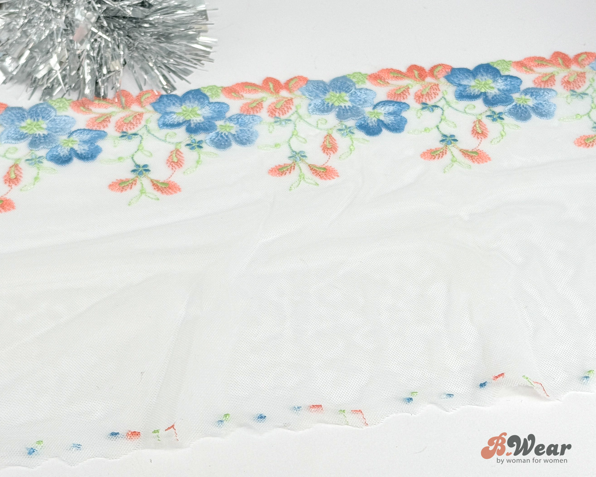 White tulle lace with beautiful blue and apricot flowers - right & left - 23 cm