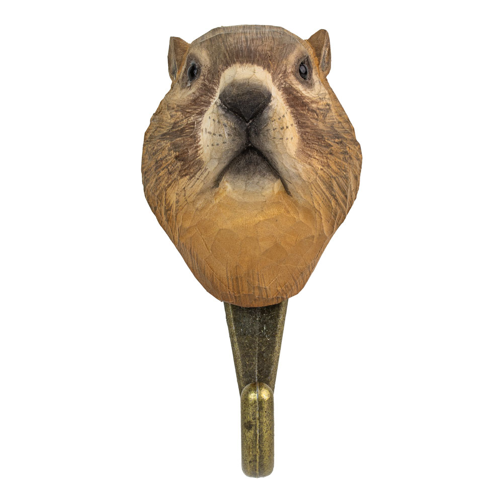 Hand-carved Hook Marmot shown from the front with a broad muzzle and carved facial features.