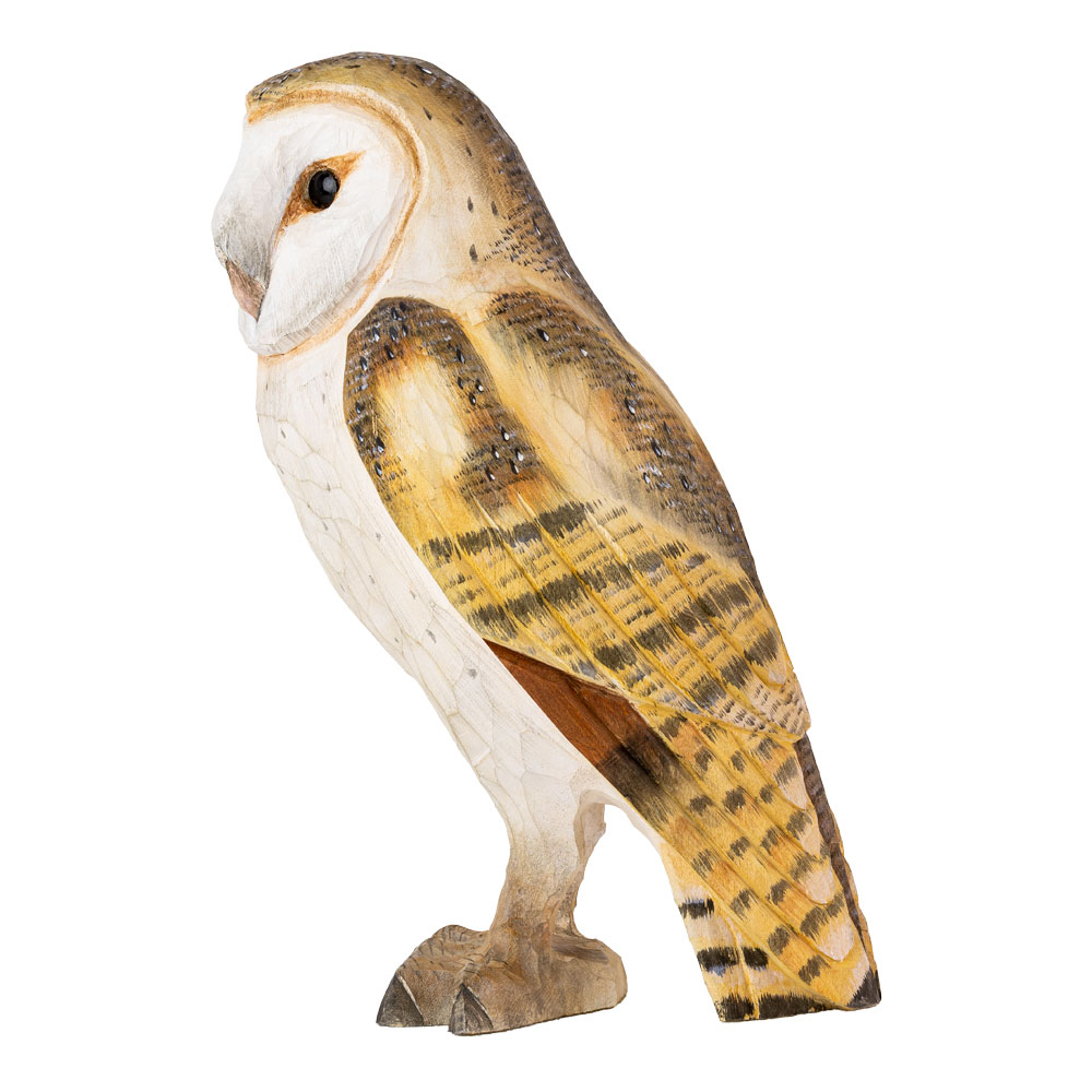 DecoBird Barn Owl in side view with a defined facial disc and patterned brown-yellow wing feathers.