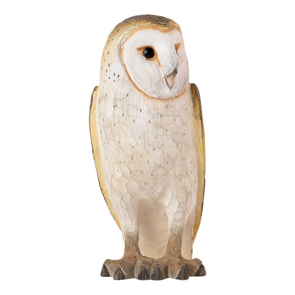 DecoBird Barn Owl shown from the front with a pale facial disc and light breast feathers.