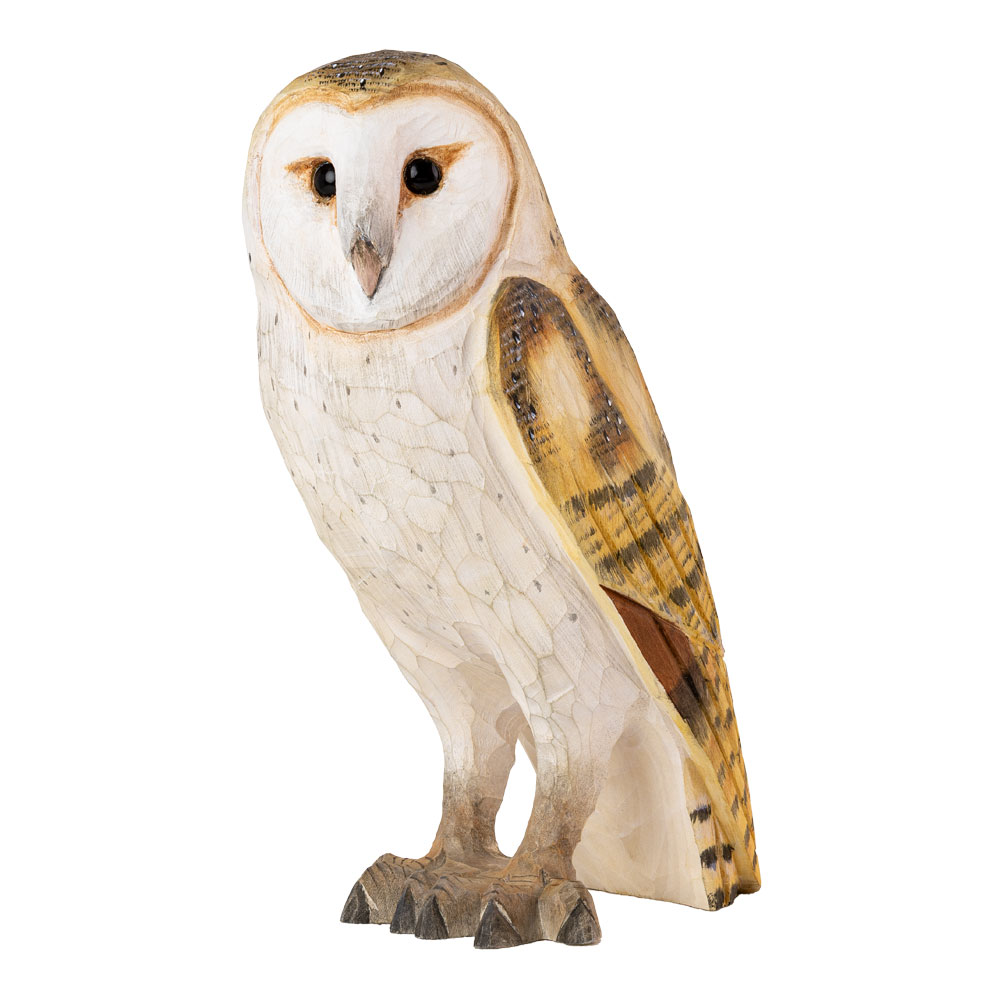 DecoBird Effraie des clochers vu en angle, avec disque facial clair et ailes brun-jaune, posé sur des pattes sculptées.