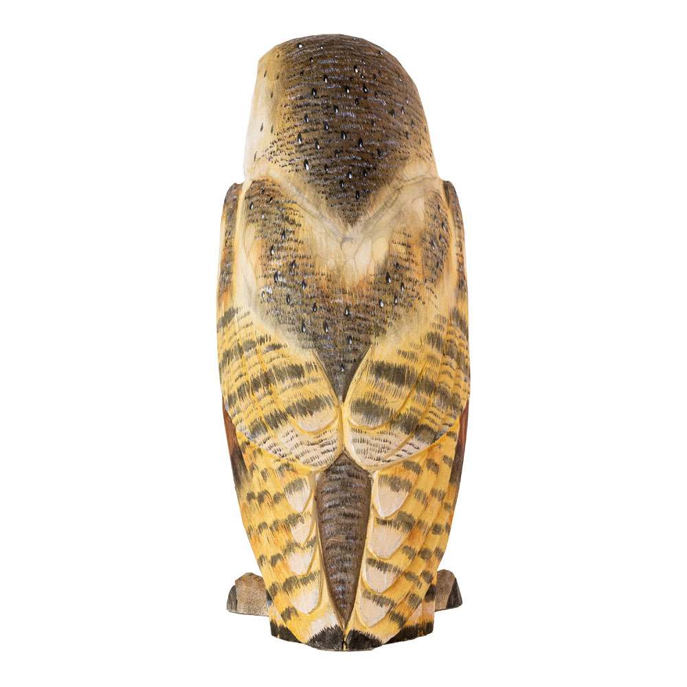 DecoBird Barn Owl shown from the back with detailed brown-yellow wing and back feather patterns.