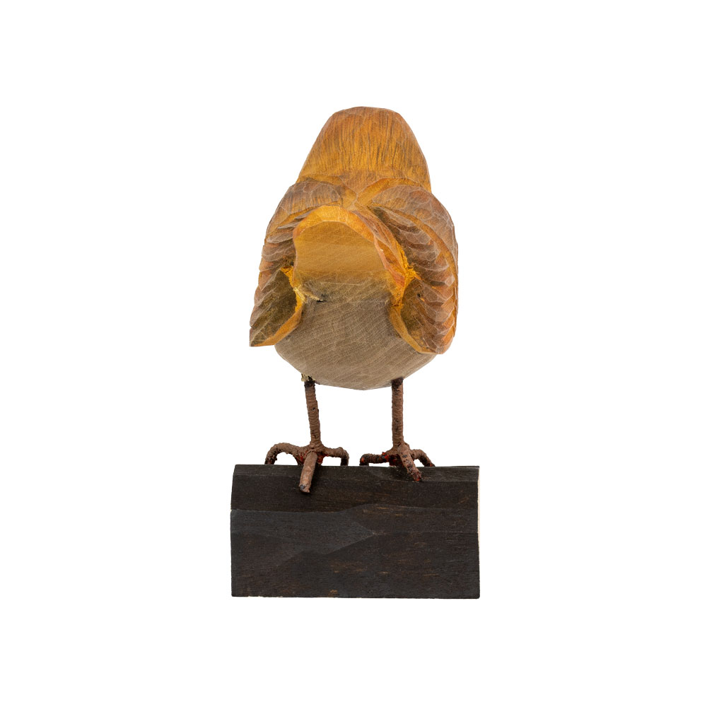 DecoBird Rossignol Philomèle vu de dos, montrant les contours sculptés des ailes sur un socle en bois foncé.