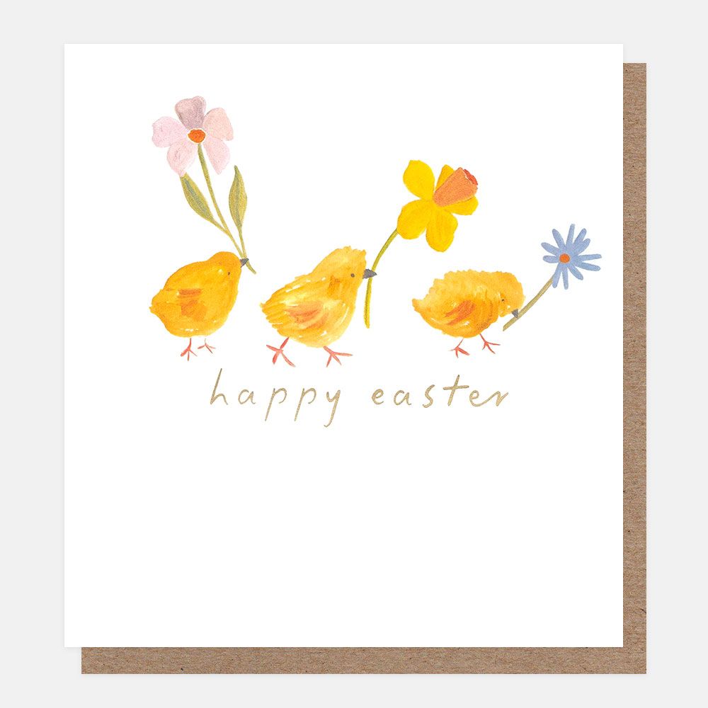 Happy Easter Little Painted Chicks Holding Flowers, Greeting Card