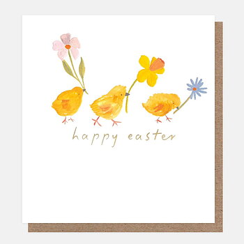 Happy Easter Little Painted Chicks Holding Flowers, Greeting Card
