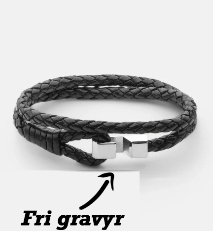 Läderarmband Kraftig Hook svart 5mm  stål fri gravyr