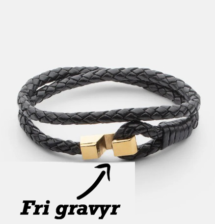 Läderarmband Kraftig Hook Svart 5mm  guldpläterat stål fri gravyr