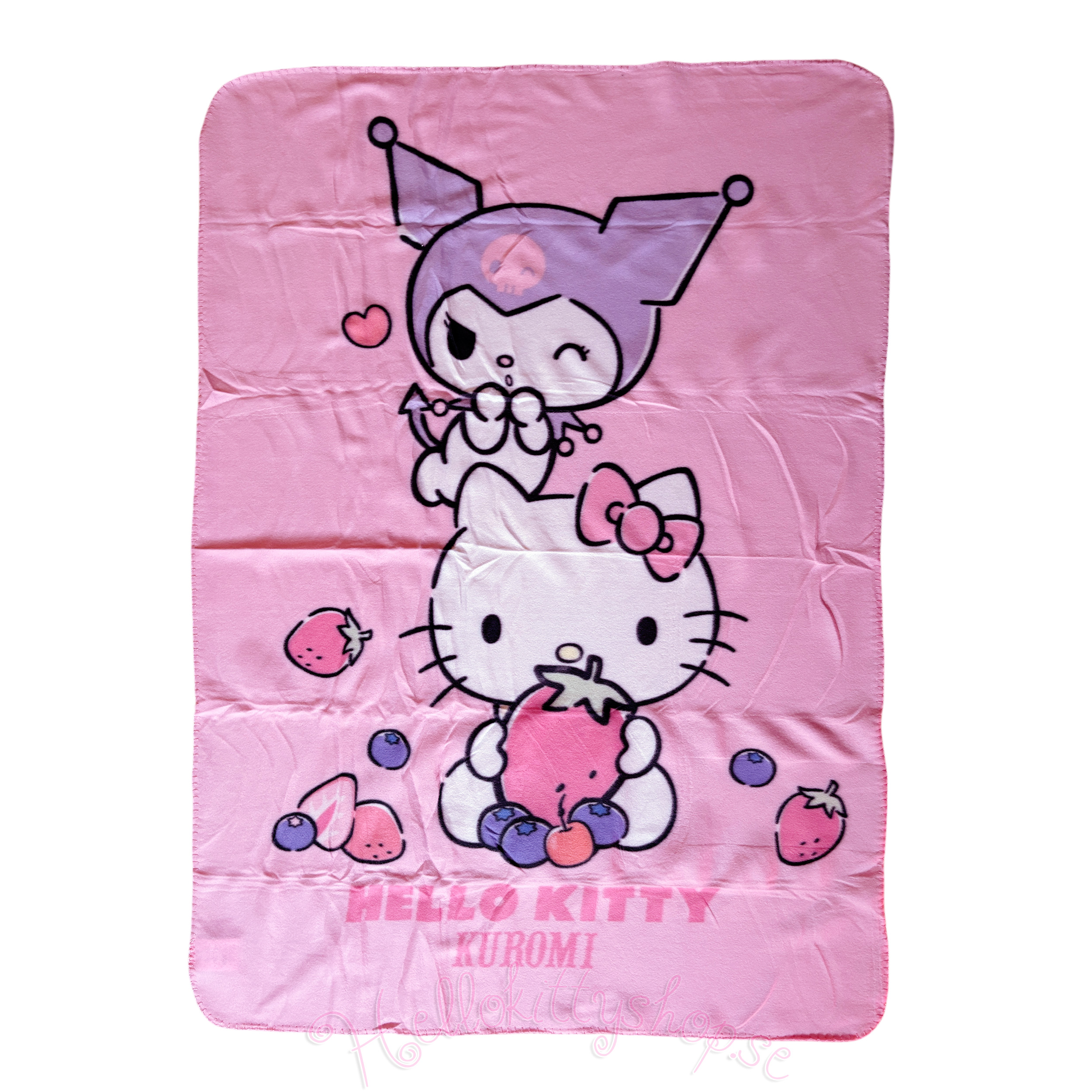 Sanrio Hello Kitty och Kuromi Fleecefilt – Rosa Filt med Jordgubbs- och Bärmönster - 140 x 100 cm - 3