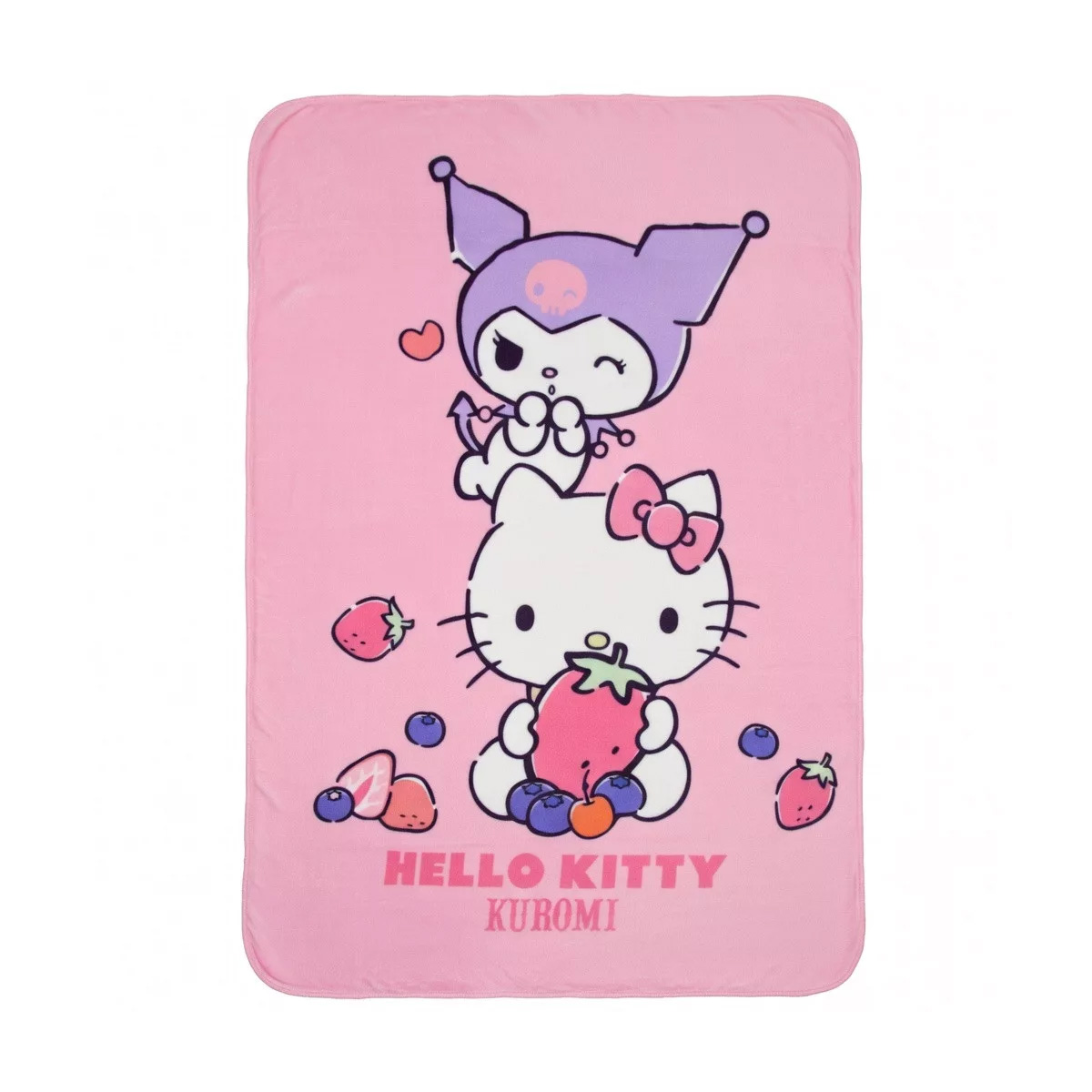 Sanrio Hello Kitty och Kuromi Fleecefilt – Rosa Filt med Jordgubbs- och Bärmönster - 140 x 100 cm