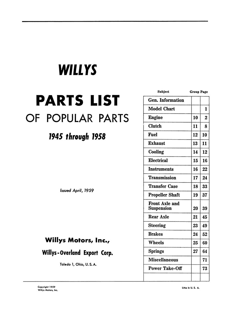 1945 - 1958 Willys Parts List of Popular Parts & Accessories Catalog - 2