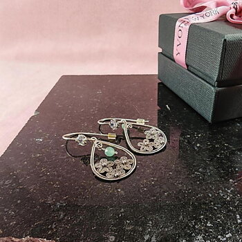 Yvone Christa Menage Tiny Tulip Cup örhängen i återvunnet sterling silver med filigrandetaljer, grön jade och klar cubic zirconia. Örhängena ligger på en mörk stenskiva med en presentask i bakgrunden.