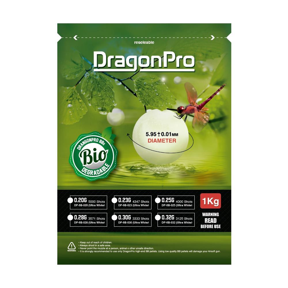 Kulor 0,25g DRAGONPRO, biologiskt nedbrytbara, vita, 6mm