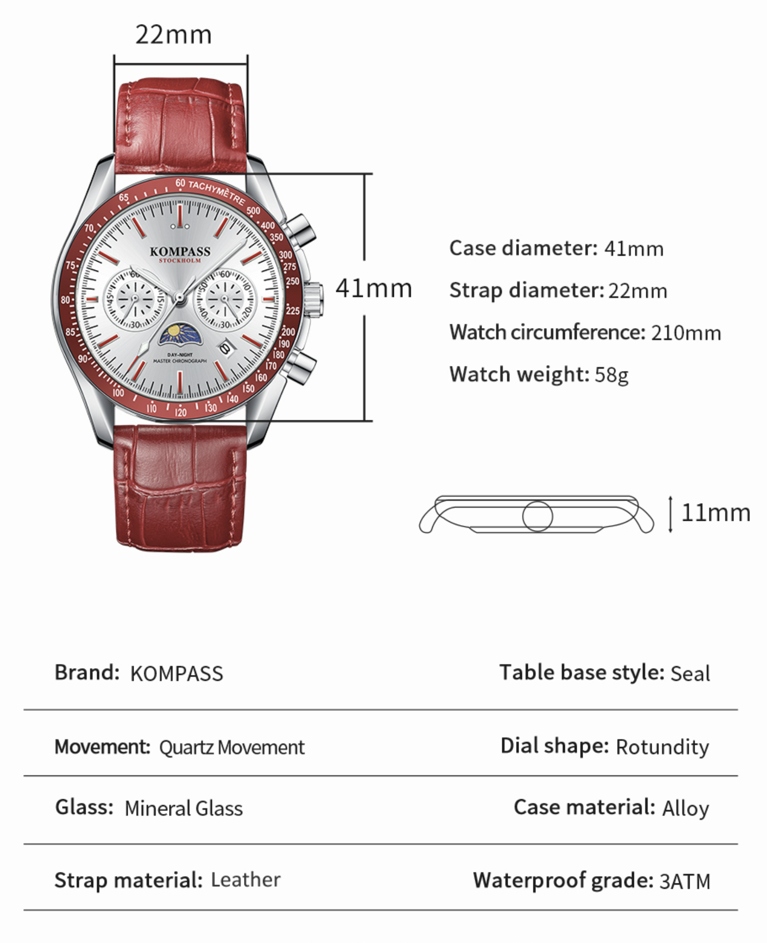 Kompass Day-Night Master Chronograph Silver Gray Green - 13