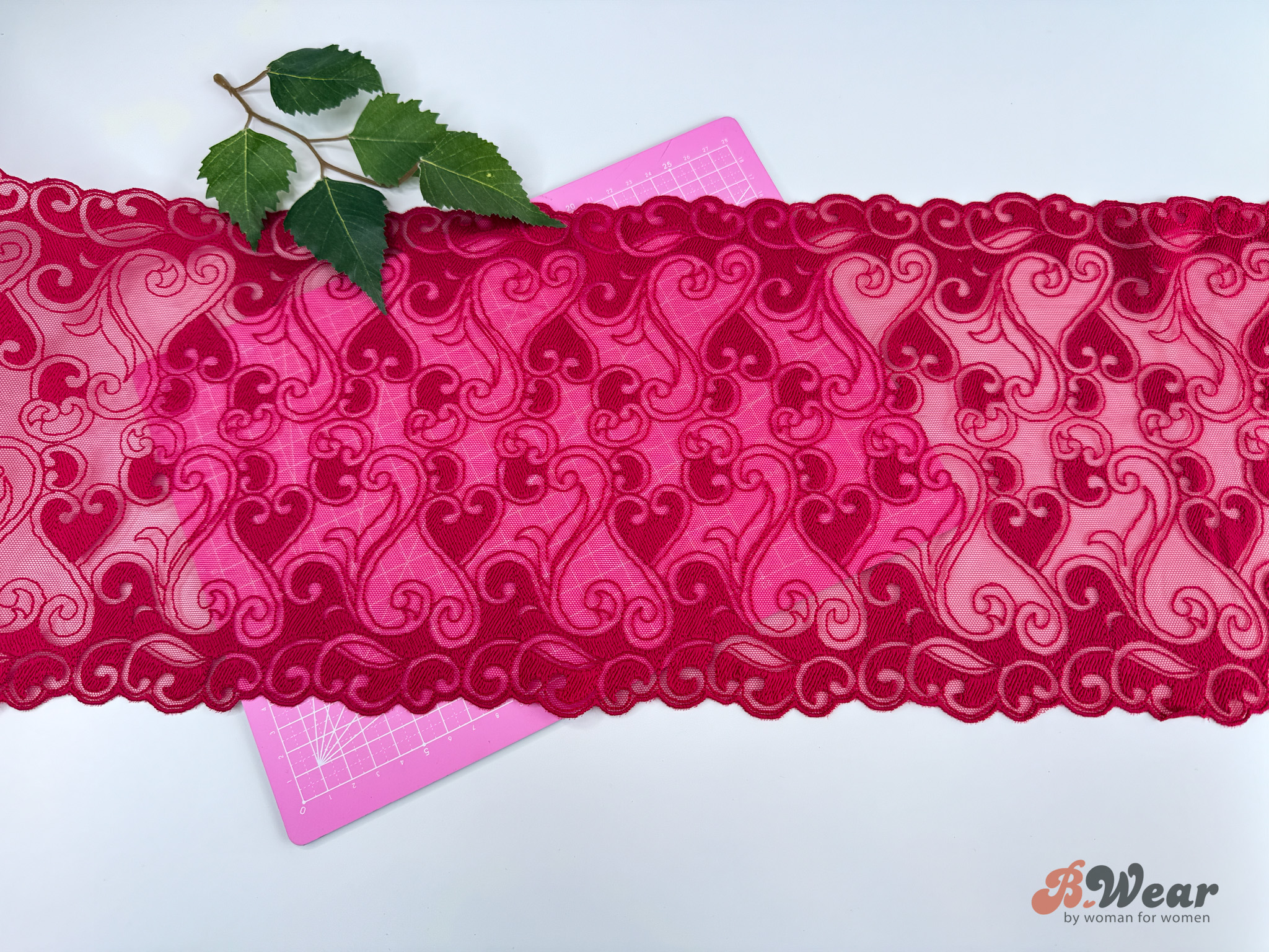 Red non stretch lace with hearts - 21 cm