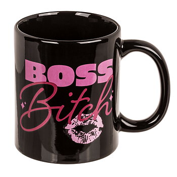 Boss Bitch Mugg med boss bitch textat i rosa och med rosa avtryck från läppstift