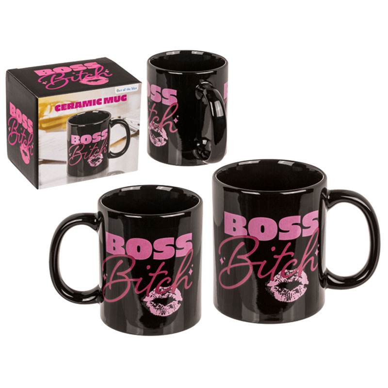Boss Bitch Mugg från olika sidor och med produktförpackningen