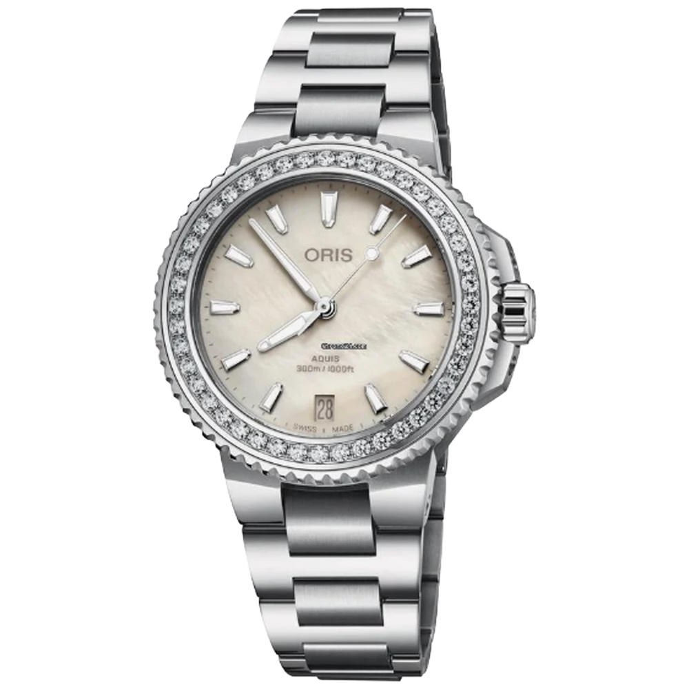 01 733 7792 4956-07 8 19 05P Oris Aquis Date 36,5 pärlemor och diamantkrans