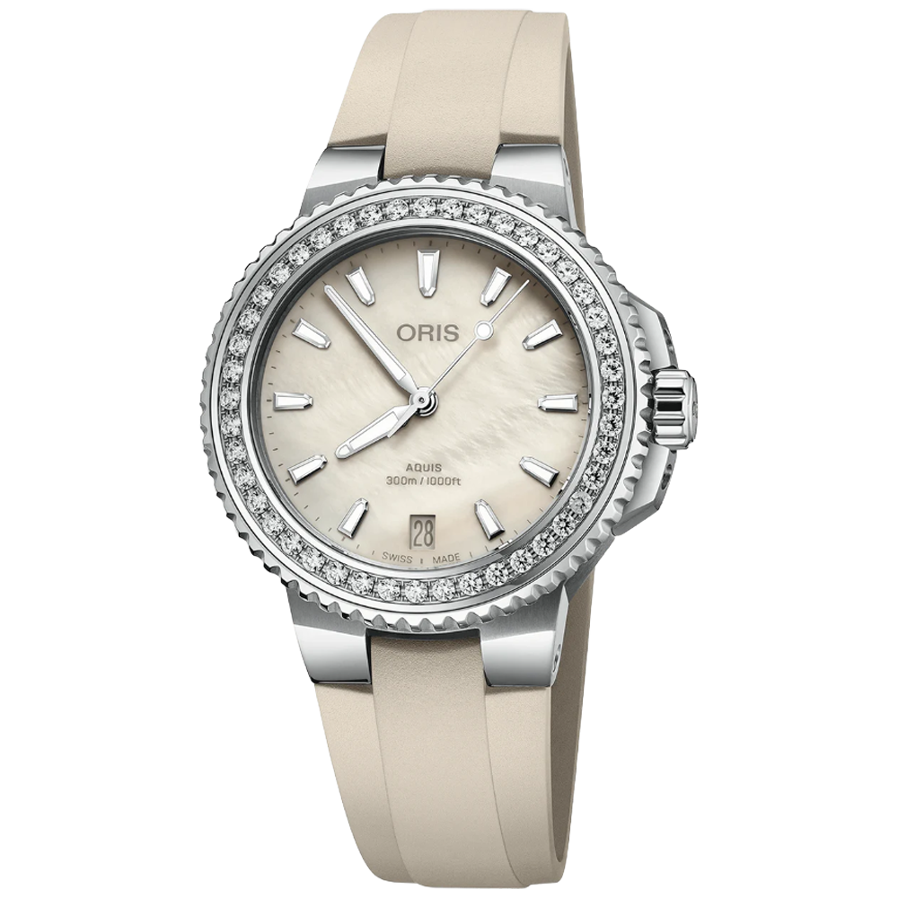 01 733 7792 4956-07 4 19 61FC Oris Aquis Date 36,5 pärlemor och diamantkrans, gummiband 