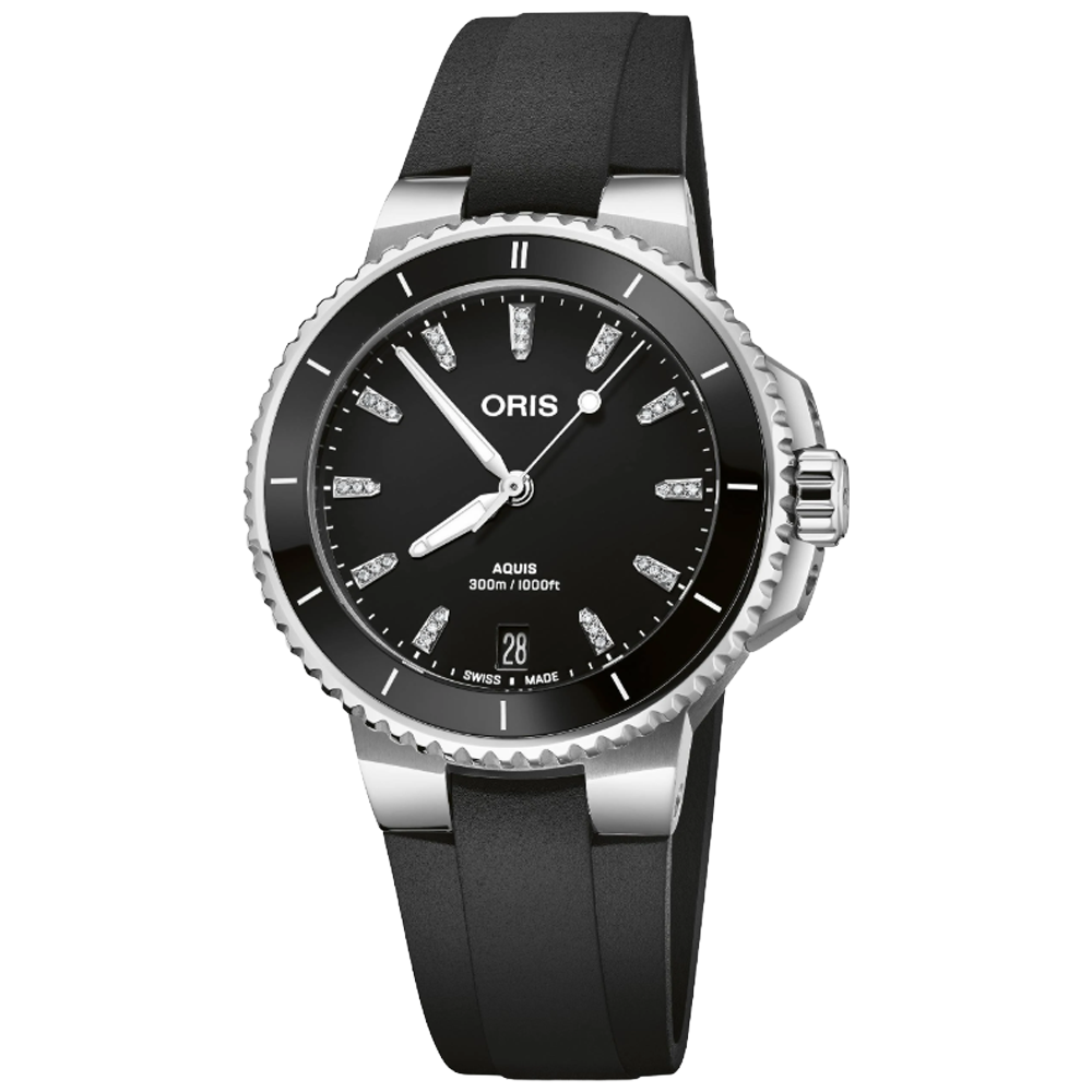 01 733 7792 4194-07 4 19 64FC Oris Aquis Date 36,5 svart och diamant index, gummiband