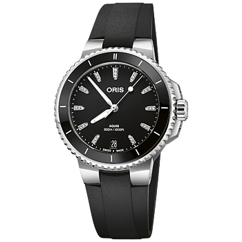 01 733 7792 4194-07 4 19 64FC Oris Aquis Date 36,5 svart och diamant index, gummiband