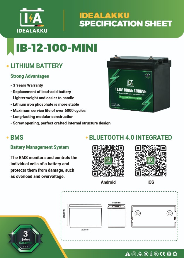 LiFePO4 Batteri 12 Volt 100 Ah , BMS , Bluetooth App , Bodelsbatteri  -Idealakku- Extra litet och lätt 9,15 kg - - 2