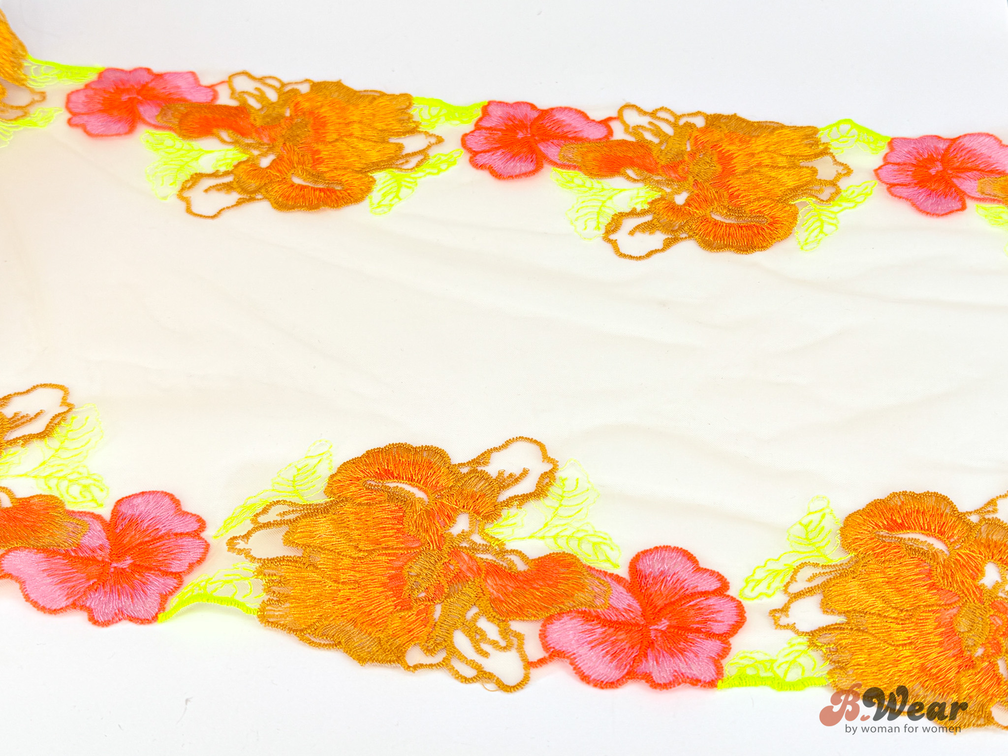 Vacker stum spets i gul & orange neon 23 cm