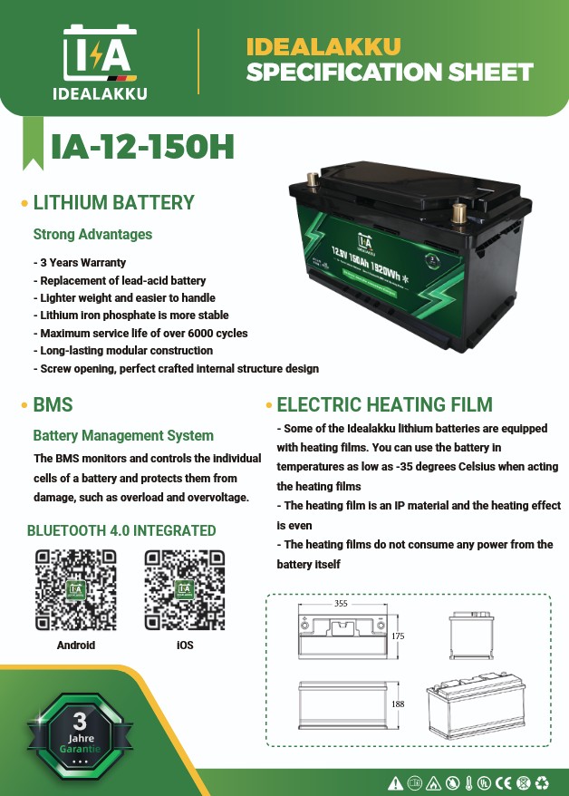 LiFePO4 Batteri 12 Volt 150 Ah , BMS , Bluetooth App , under sätet , HEAT , BMS , APP -Idealakku- HEAT - - 2
