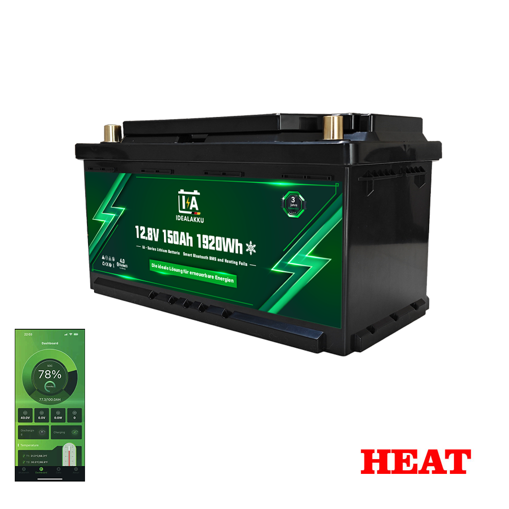 LiFePO4 Batteri 12 Volt 150 Ah , BMS , Bluetooth App , under sätet , HEAT , BMS , APP -Idealakku- HEAT -
