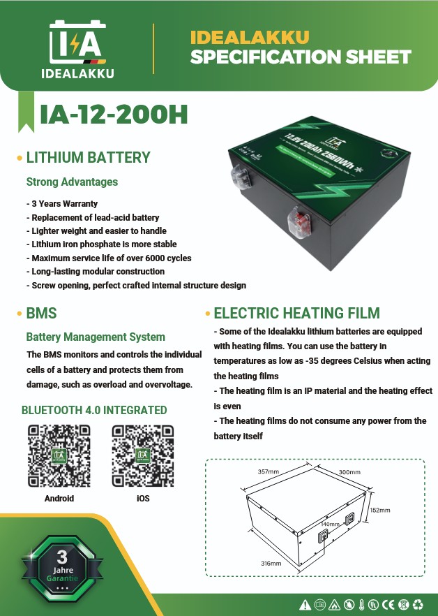 LiFePO4 Batteri 12 Volt 200 Ah , Lifepo4 , BMS , APP -Idealakku- HEAT - - 2